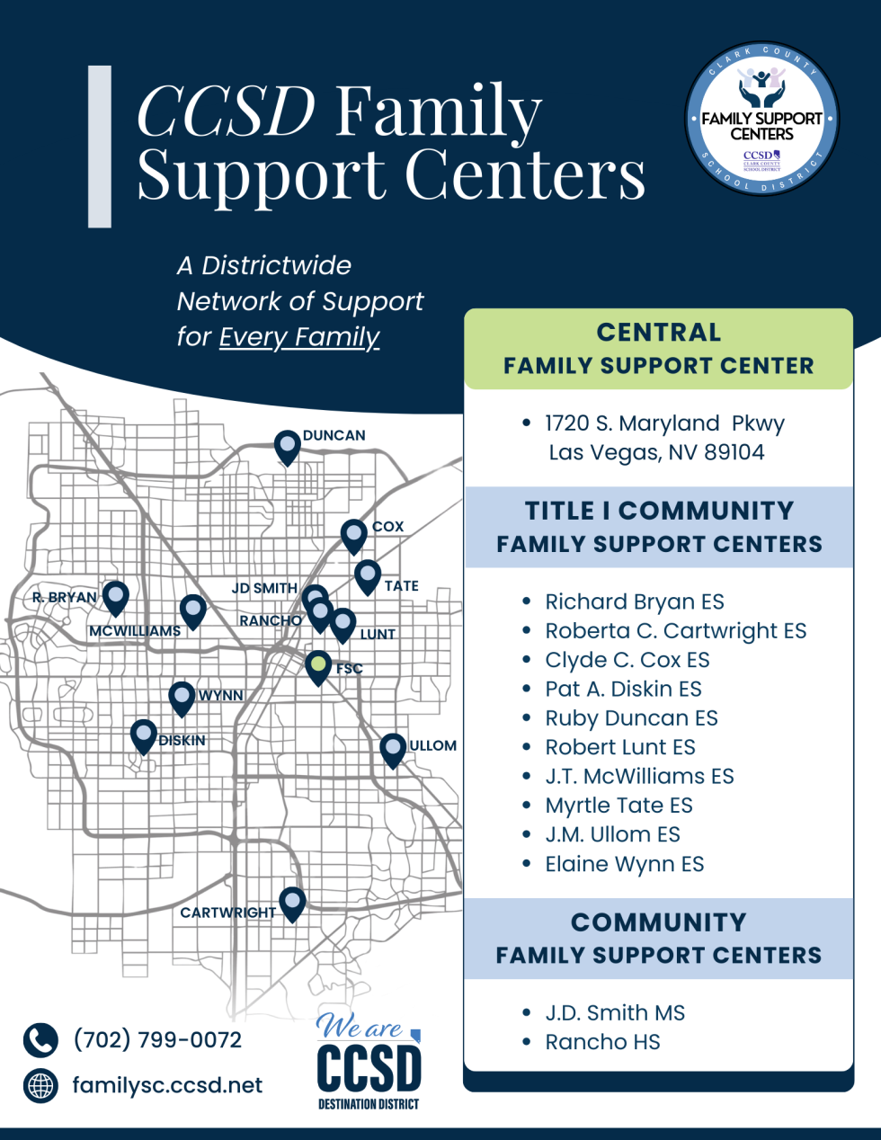 Map of CCSD Family Support Center locations across Clark County